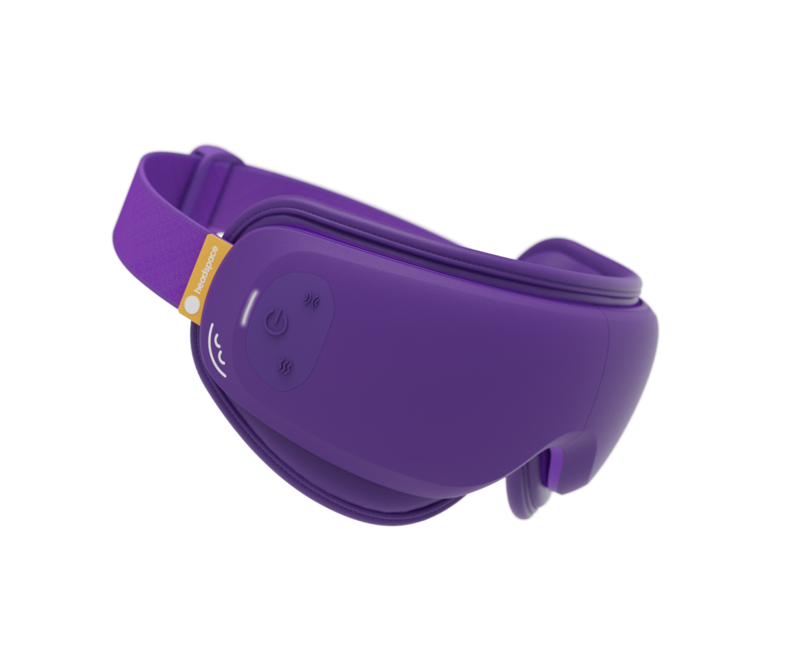 Purple RENPHO x Headspace Eyeris Zen eye massager with an adjustable elastic strap and control buttons on a black background.