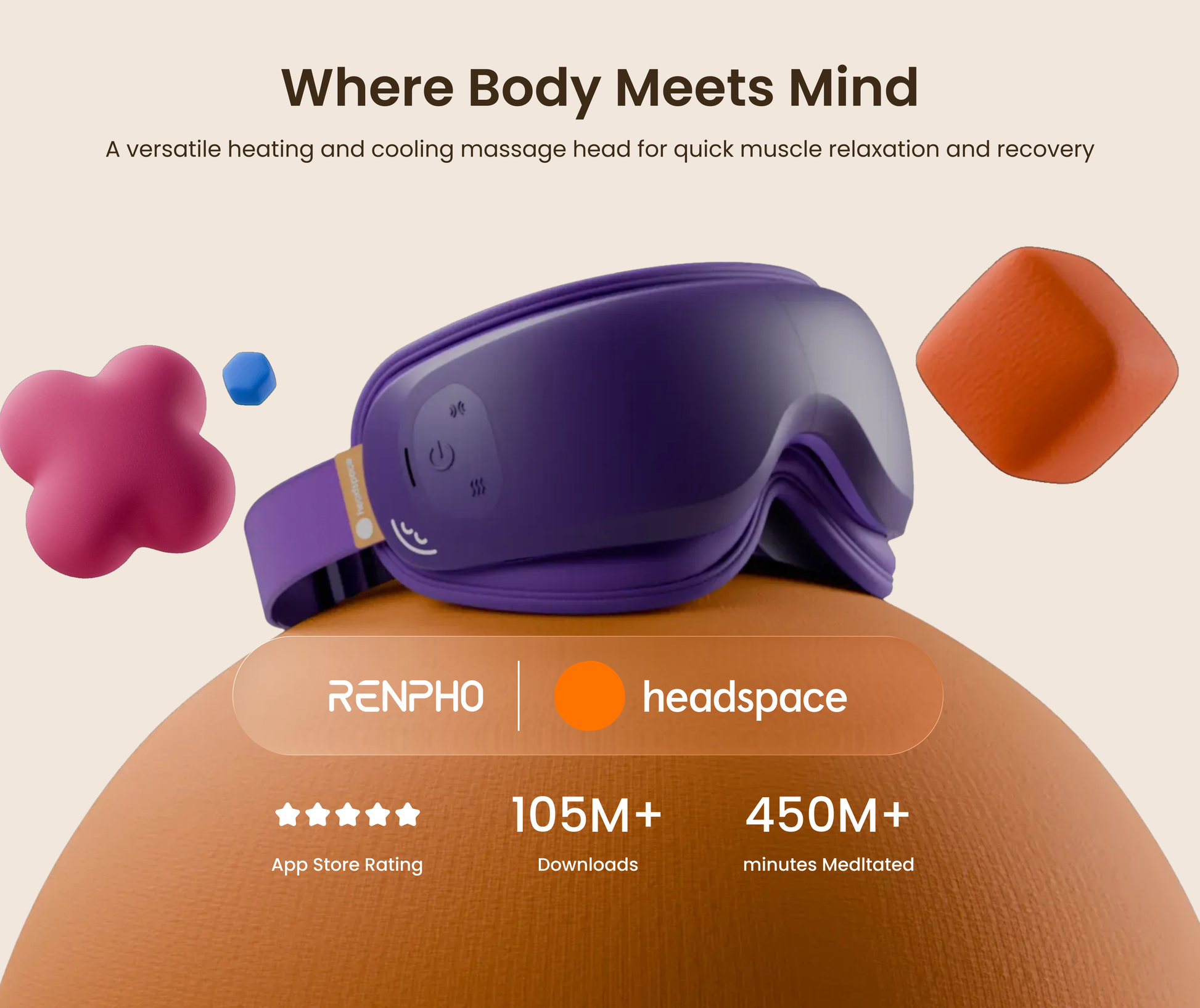 Purple RENPHO x Headspace Eyeris Zen eye massager, featuring heating/cooling tech, floating on an orange sphere background.