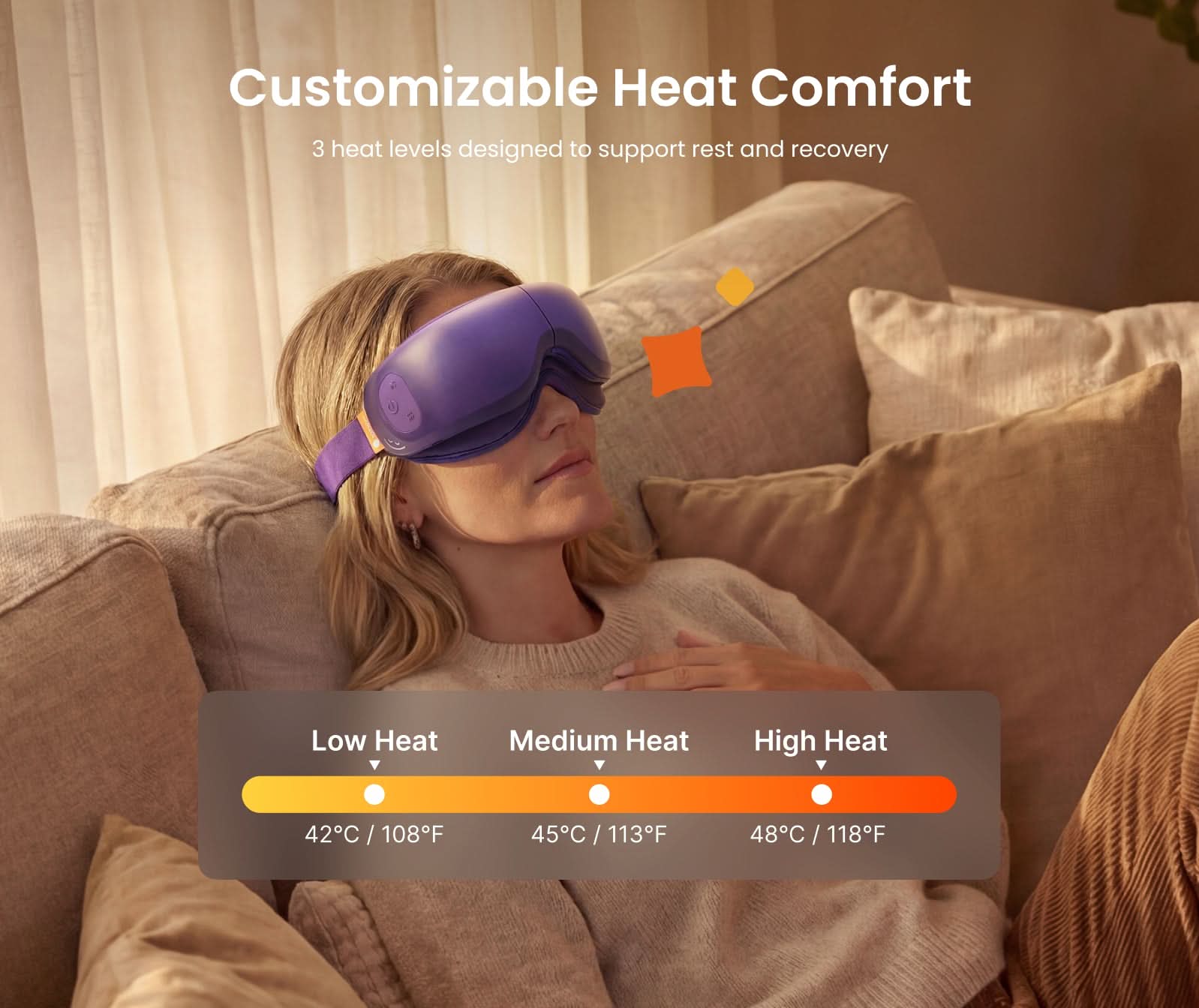 Woman wearing a purple RENPHO Eyeris Zen eye massager, showing heat settings on a couch.