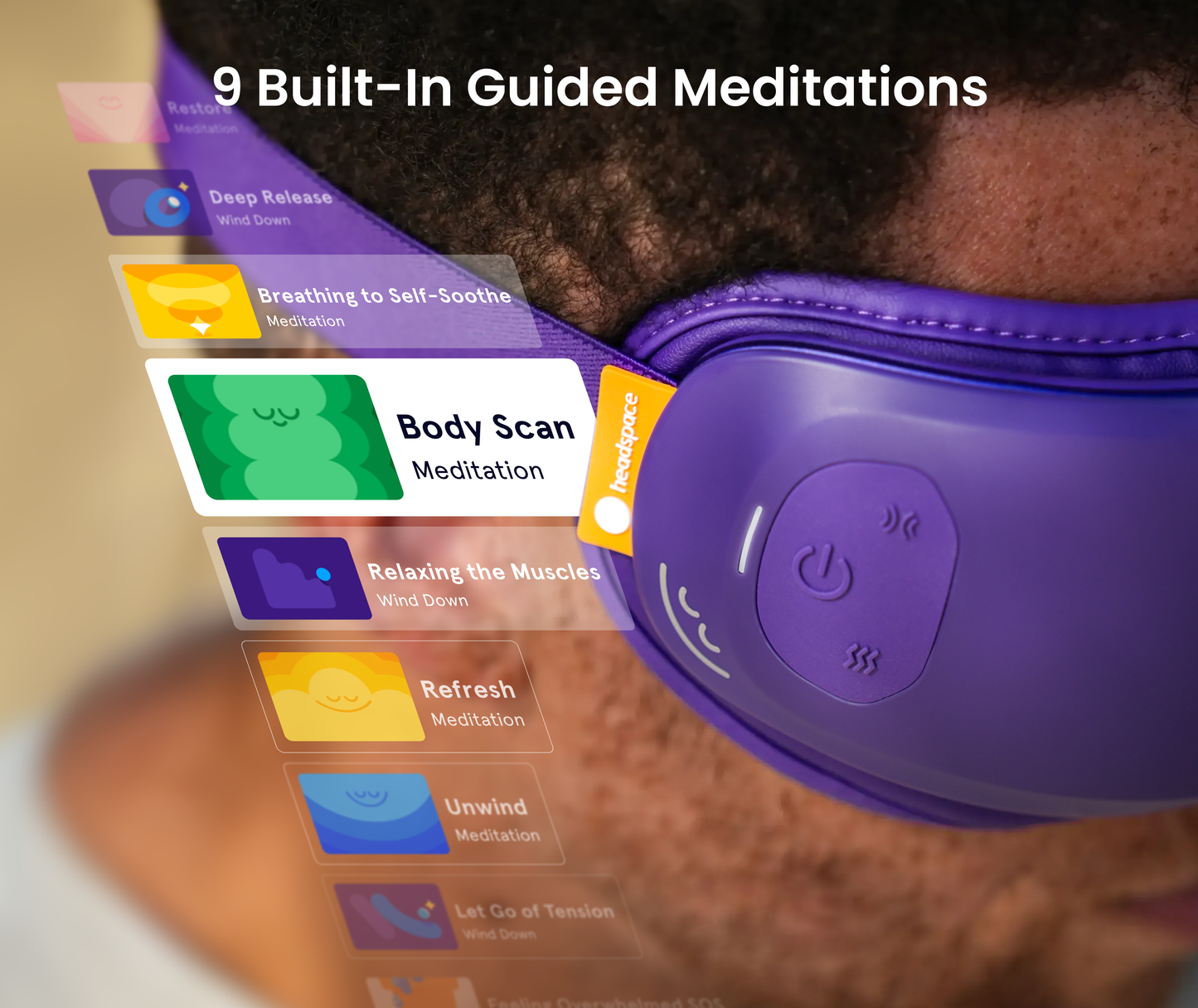 Purple RENPHO x Headspace Eyeris Zen eye massager worn by a user, showing a digital overlay of 9 meditation options.