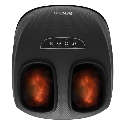 Black Fitlybuy Solheel foot massager, top view, featuring ComfortWave heat settings and illuminated touch controls.