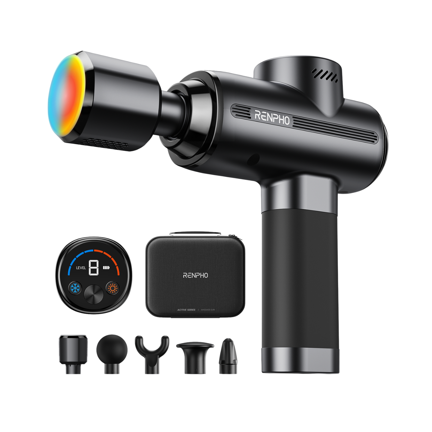Black Renpho massage gun with heat/cool tip, digital display, carrying case, and five interchangeable attachments.