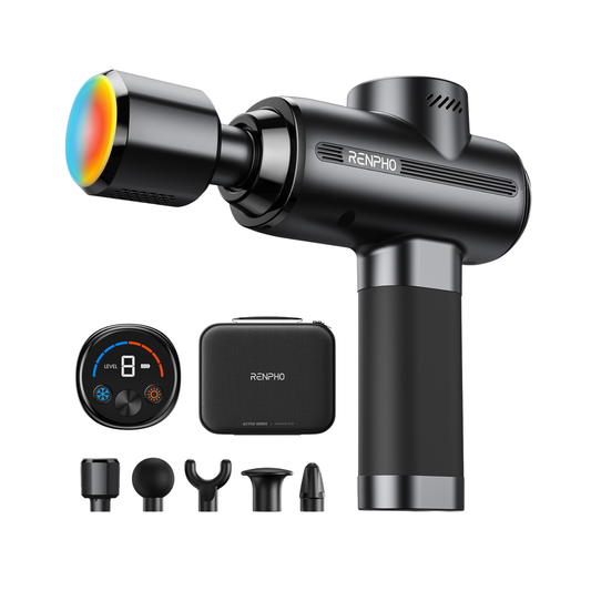 Black Renpho massage gun with heat/cool tip, digital display, carrying case, and five interchangeable attachments.