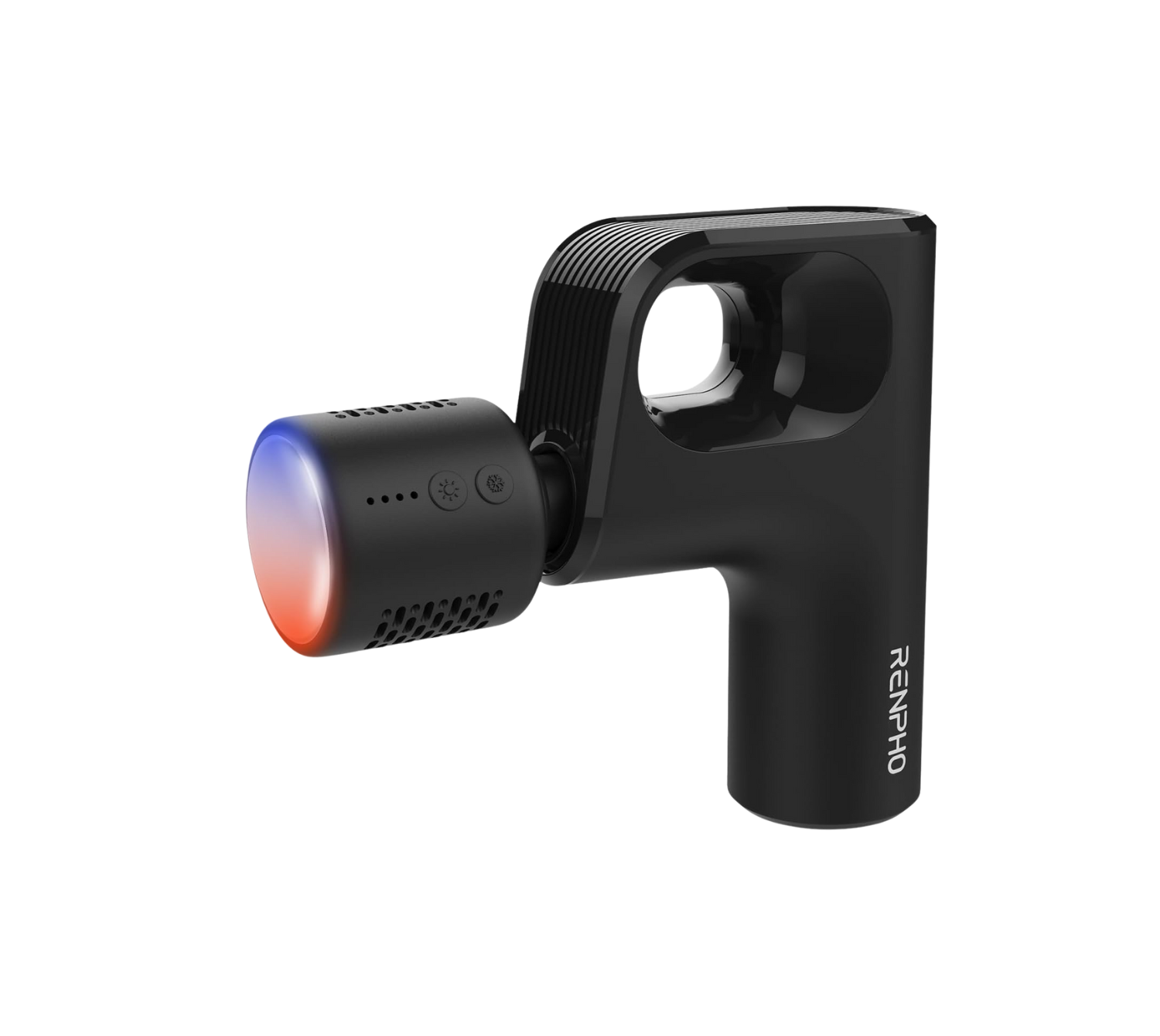 Black Fitlybuy Active Mini massage gun with dual heat and cool therapy head, isolated on a black background.