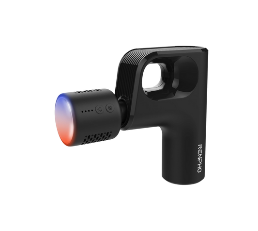 Black Fitlybuy Active Mini massage gun with dual heat and cool therapy head, isolated on a black background.
