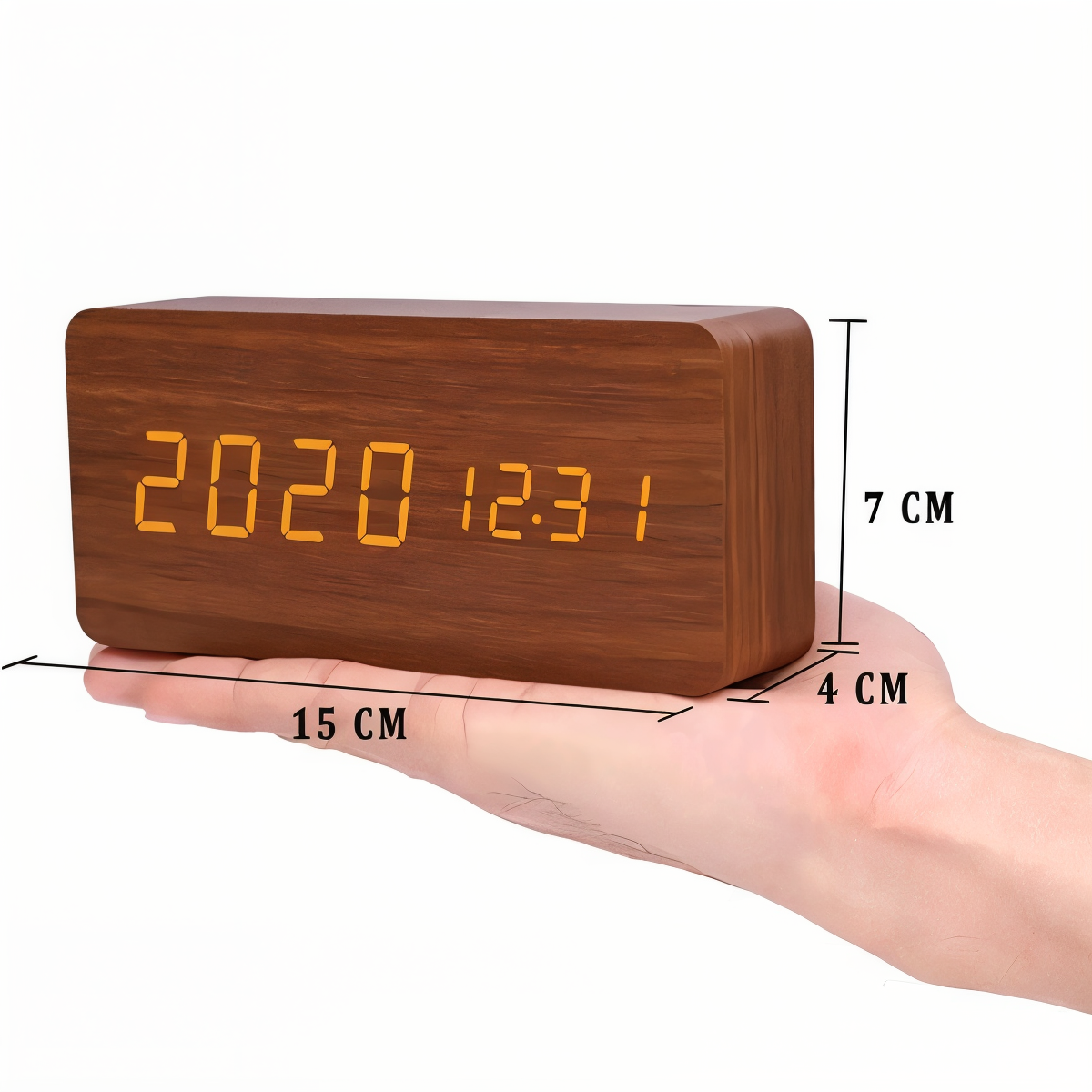 Modern dark wood LED digital alarm clock held in a hand, showing date and time with 15x7x4cm dimensions.