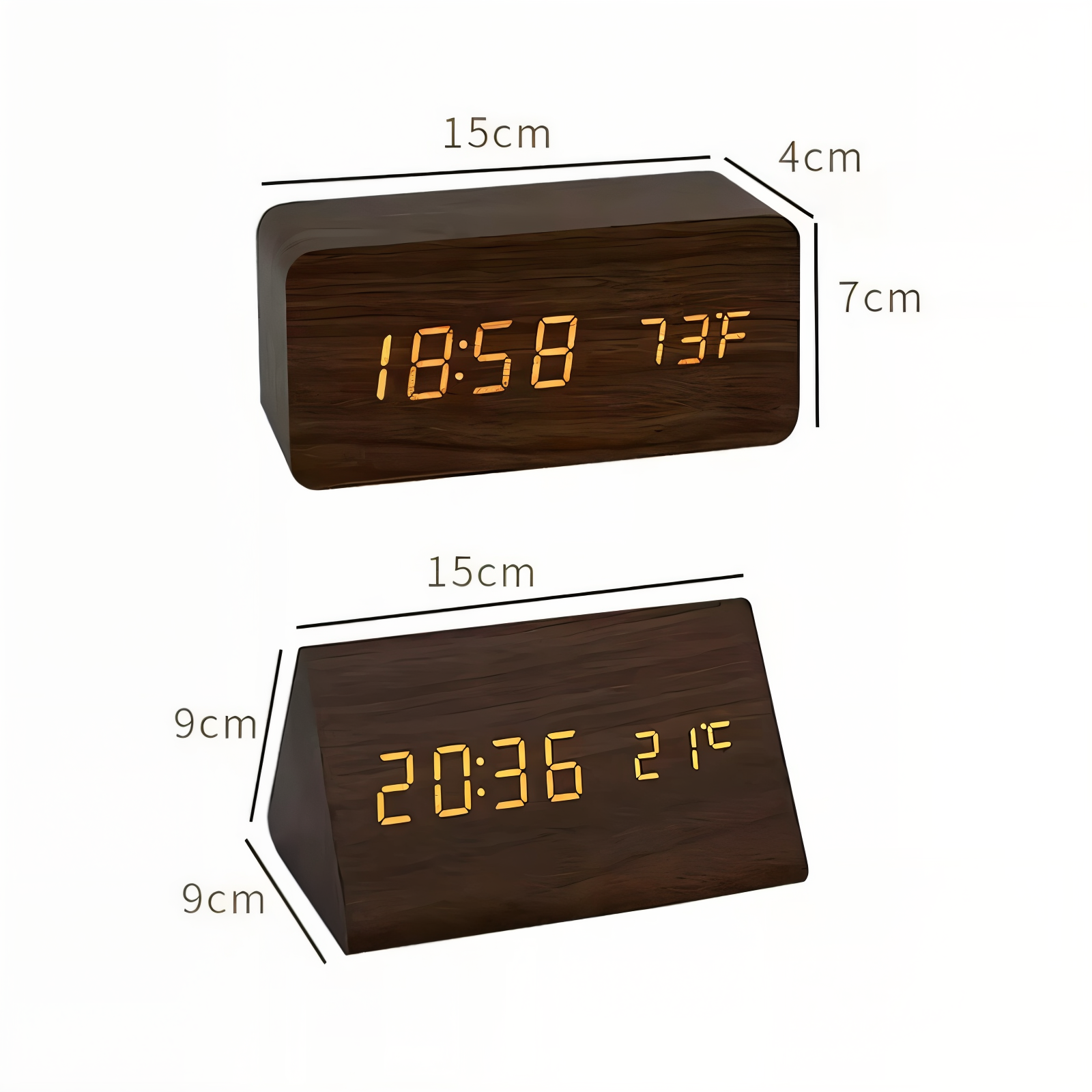 Two rectangular and triangular dark wood LED digital alarm clocks showing time and temperature with labeled dimensions.