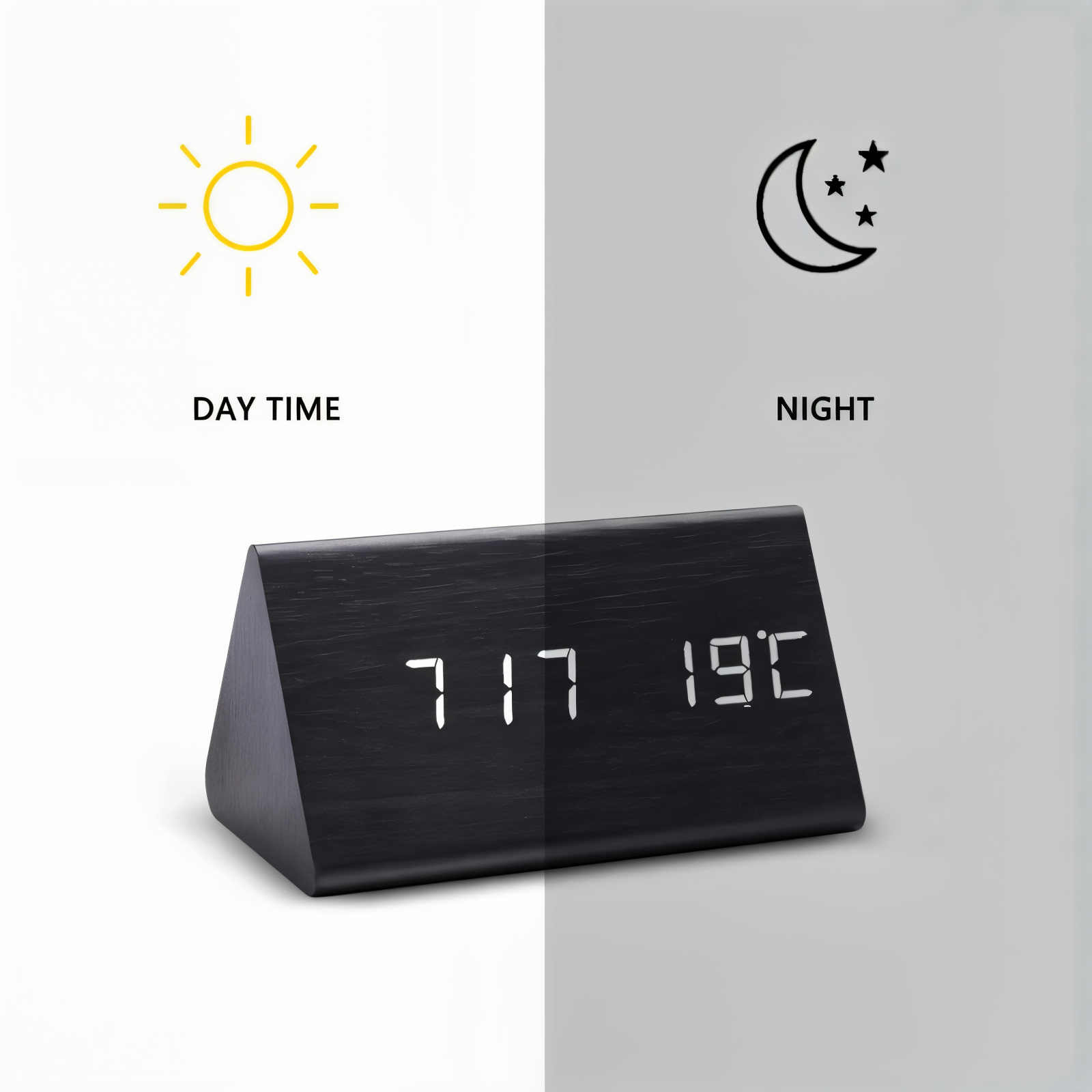 Fitlybuy wooden LED alarm clock in black, showing time and temperature with sun and moon icons for day and night modes.