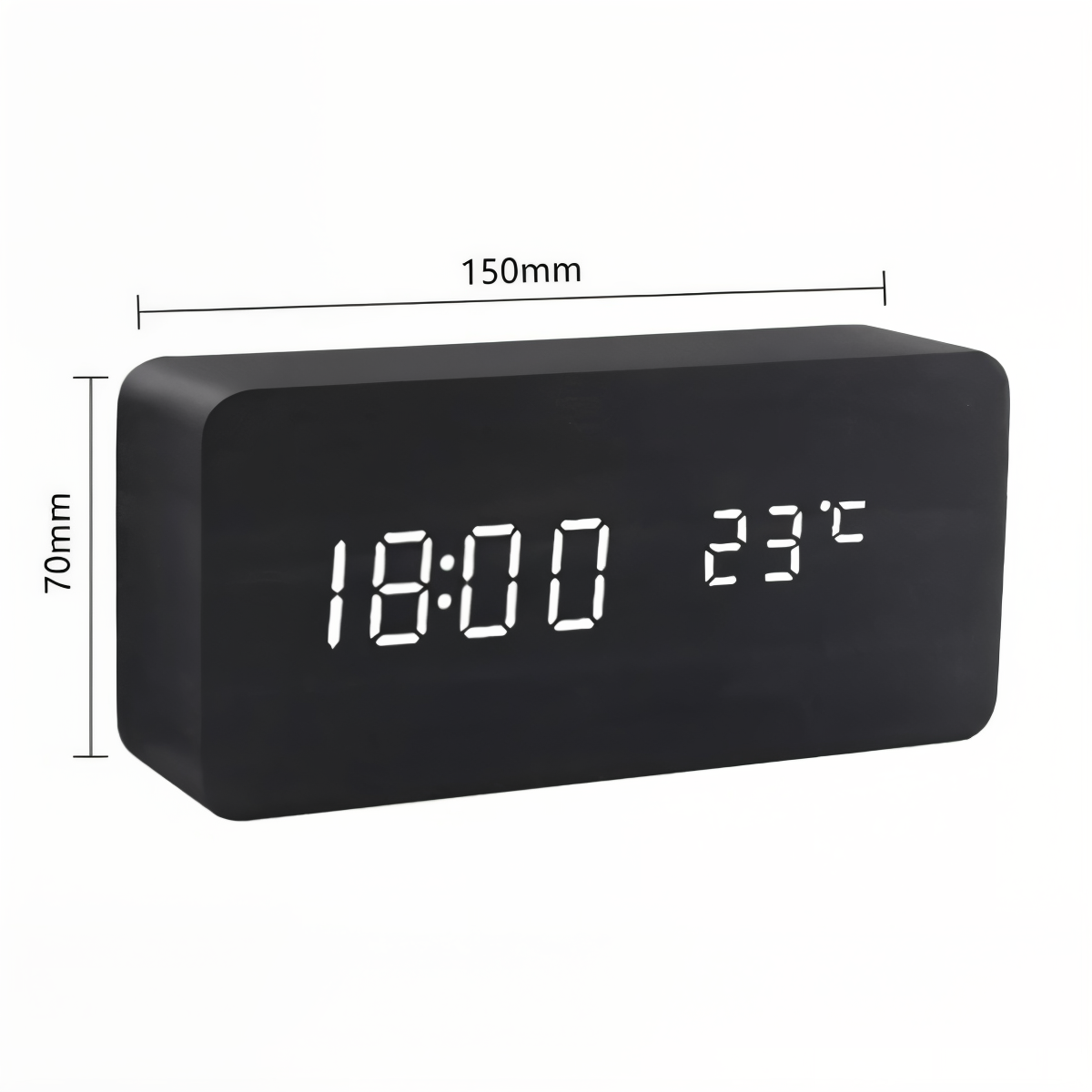Black wooden LED digital alarm clock displaying time and temperature, with dimension labels 150mm x 70mm.