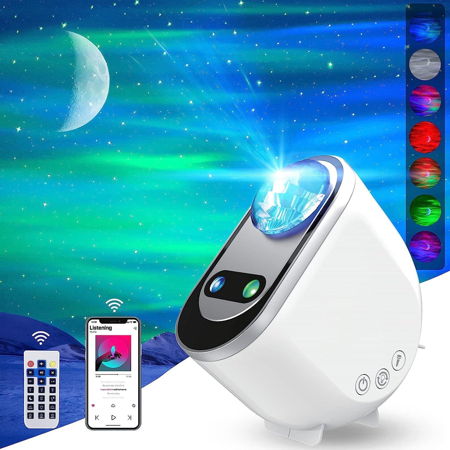 Fitlybuy white aurora mood light projector displaying northern lights, with a remote, phone app, and color options.