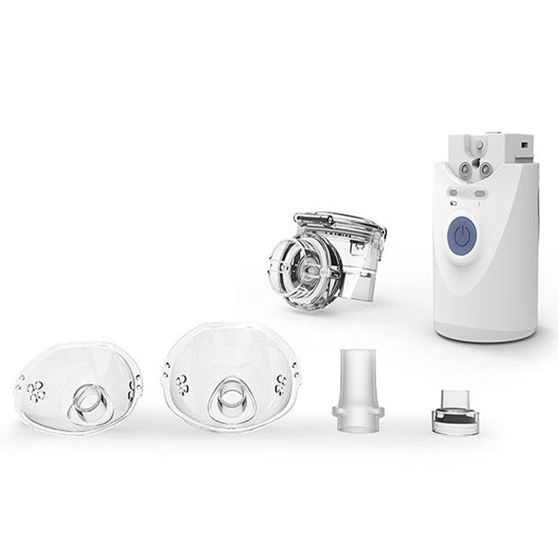 Fitlybuy portable white handheld nebulizer with two clear masks, mouthpiece, and medication cup on a white background.