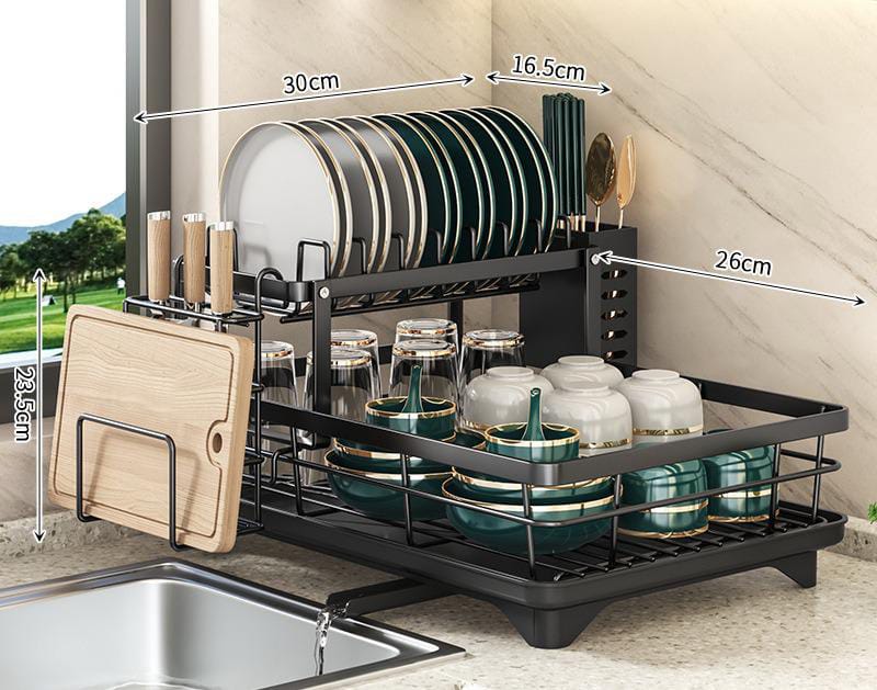 Black two-tier Fitlybuy adjustable dish rack with knife, cutting board, and utensil storage on a kitchen counter.