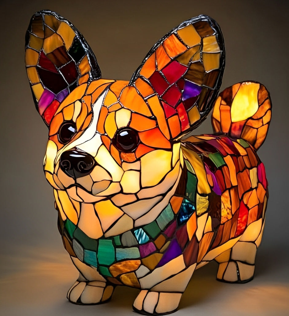 Fitlybuy GlowPaw Corgi tribute lamp: a handmade, mosaic-style acrylic dog figure glowing in warm orange and tan hues.