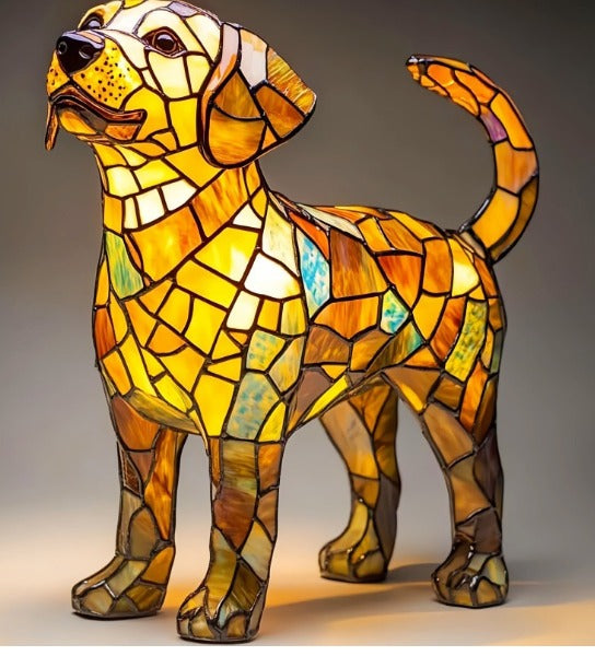 Fitlybuy GlowPaw dog lamp featuring a golden yellow handmade acrylic mosaic design on a neutral background.