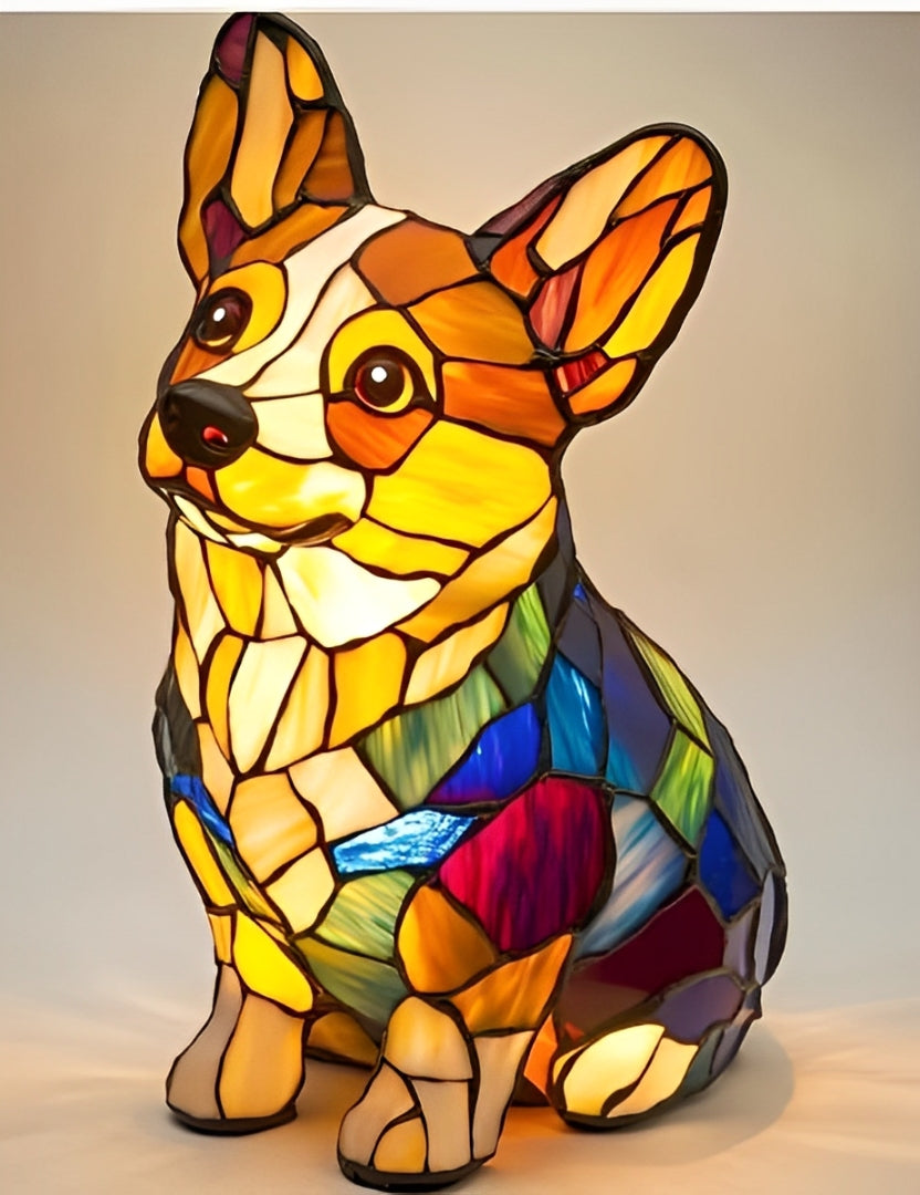 Fitlybuy GlowPaw Corgi tribute lamp made of multicolor stained glass-style acrylic, glowing with USB power.