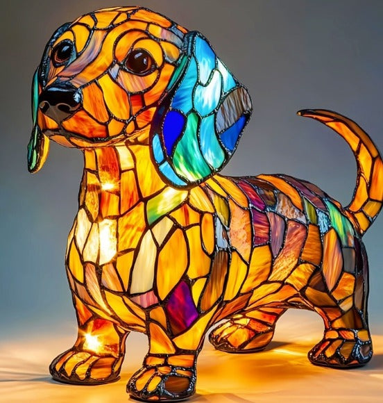 Fitlybuy GlowPaw stained-glass style dachshund lamp in multi-colored acrylic with internal LED USB power.