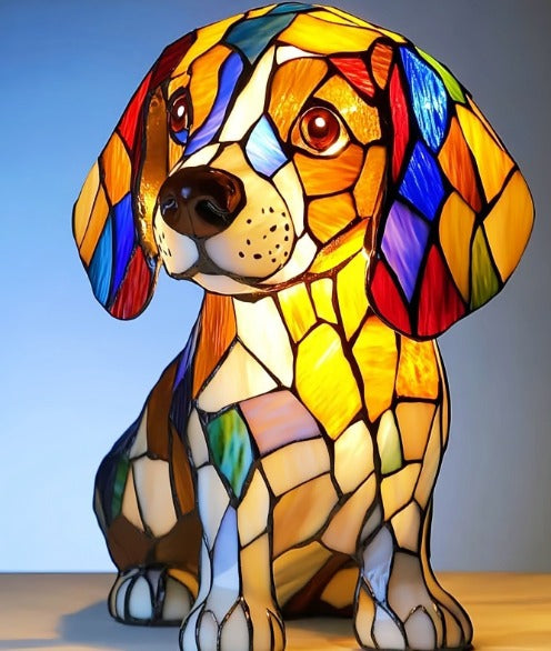 Fitlybuy GlowPaw stained-glass style dog lamp with colorful acrylic mosaic pieces and a warm interior glow.