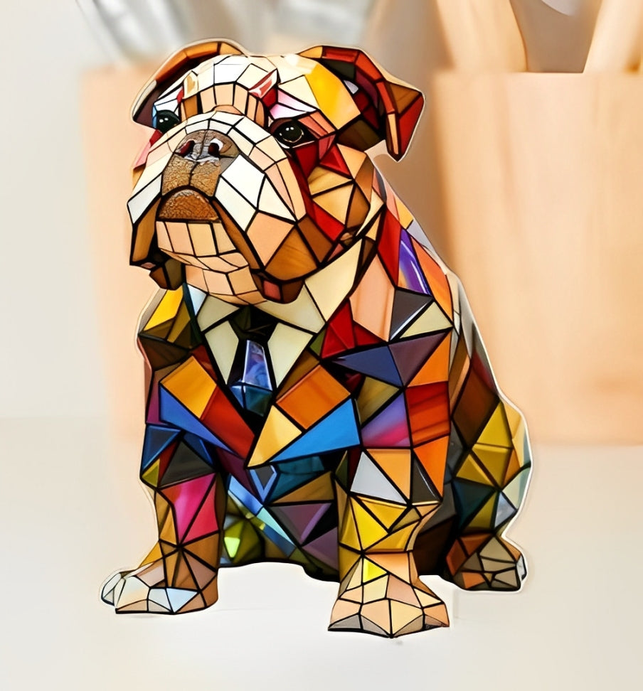 Fitlybuy GlowPaw bulldog lamp: A colorful, handmade mosaic-style acrylic dog figure on a white surface.