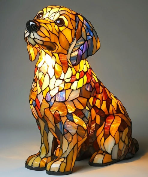 Fitlybuy GlowPaw dog lamp: handmade stained glass style acrylic golden retriever figure lit with warm USB power.