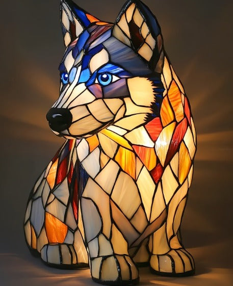 Fitlybuy GlowPaw stained-glass style dog lamp in blue, orange, and cream with a USB-powered, illuminated acrylic design.