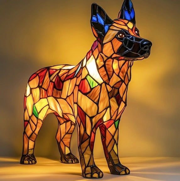 Fitlybuy GlowPaw stained-glass style acrylic German Shepherd tribute lamp, warm glowing light, USB powered.