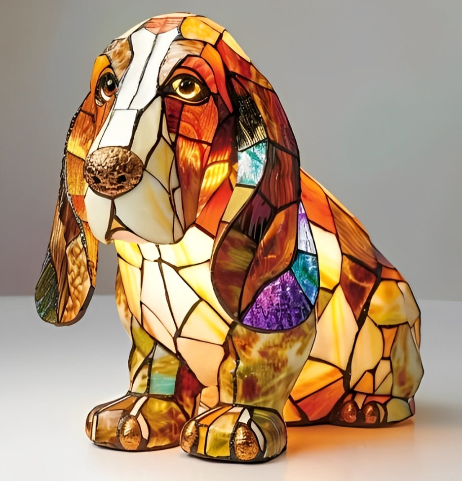 Fitlybuy GlowPaw stained-glass style Basset Hound dog lamp with colorful acrylic patchwork panels on a white surface.