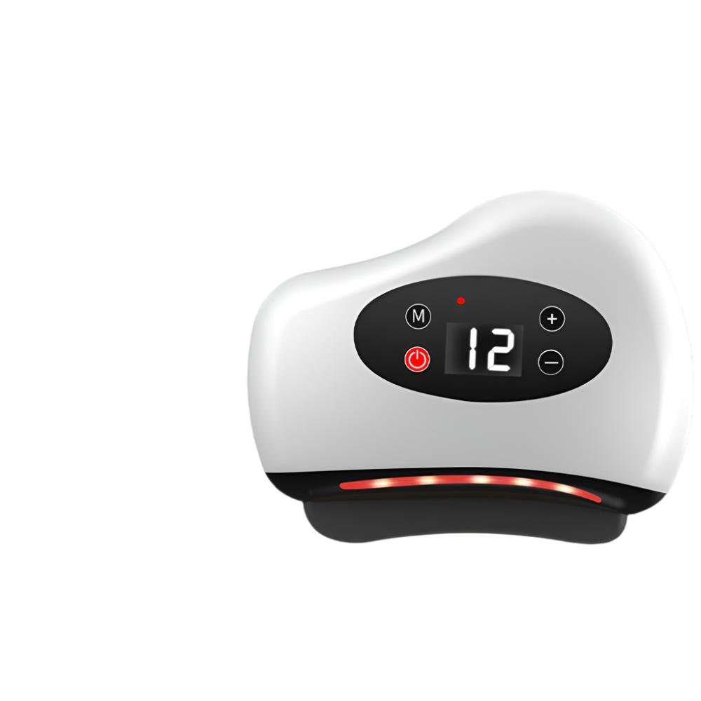 Fitlybuy white electric Guasha massager with digital display, heat therapy lights, and touch control buttons.