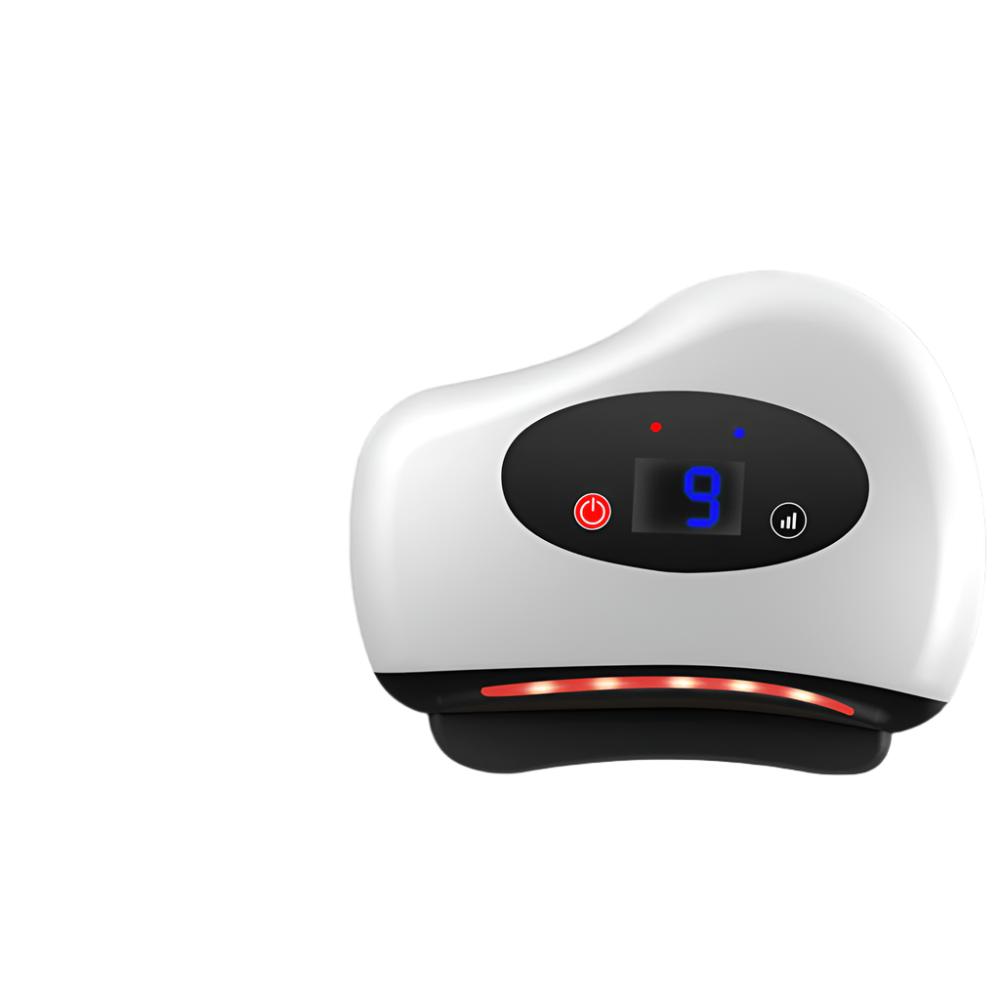 White Fitlybuy electric Guasha massager with digital display, touch controls, and active red light heat therapy.