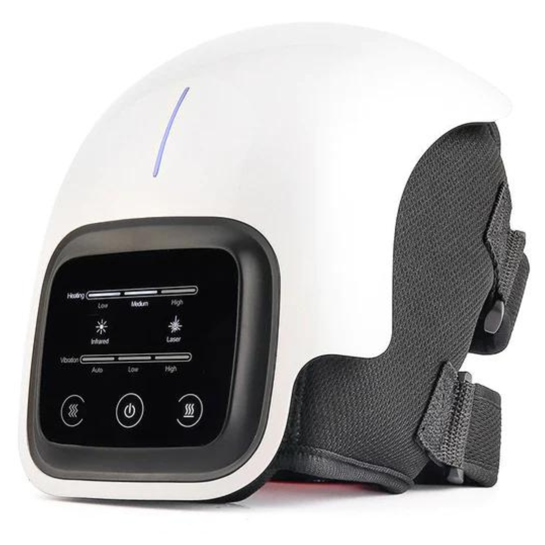 White Fitlybuy infrared heated knee massager with black adjustable straps and a digital touch control interface.