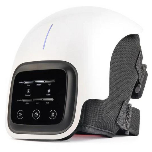 White Fitlybuy infrared heated knee massager with black adjustable straps and a digital touch control interface.