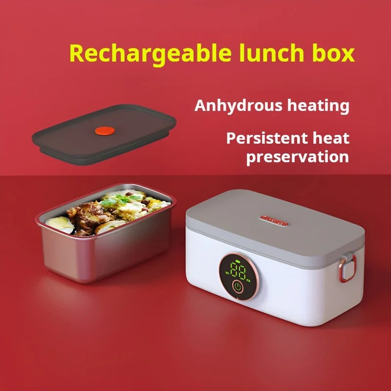 Fitlybuy HeatMate Pro: A white and grey portable electric lunchbox with a digital display on a red background.