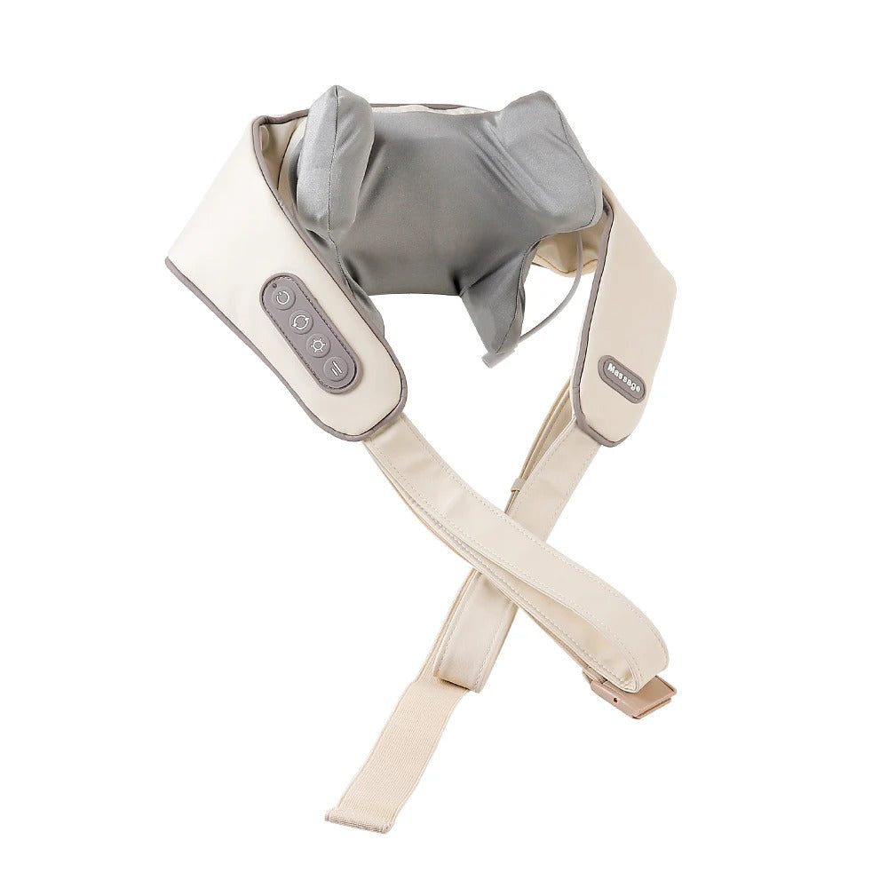 Beige electric neck and back massager with heat showing grey kneading nodes and onboard controls.