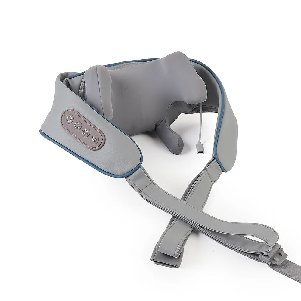 Grey electric neck and back massager with heat, control buttons, and arm straps on a white background.