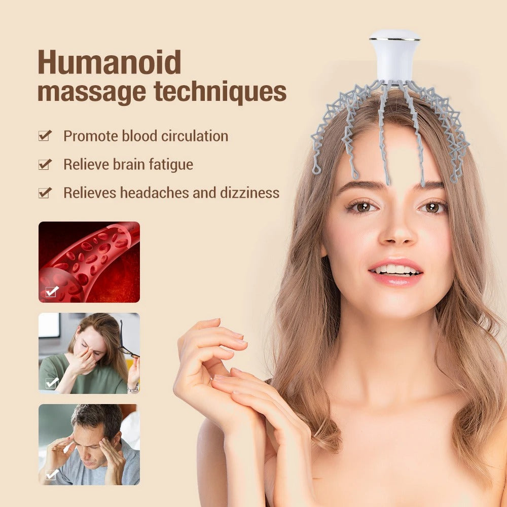 Fitlybuy wireless electric head massager with gray octopus-style prongs on a woman, promoting relief and circulation.