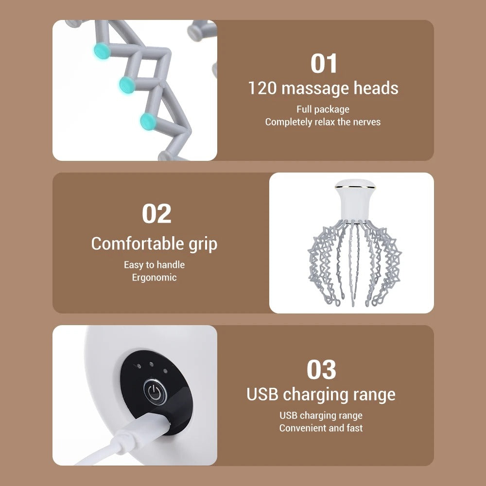 Fitlybuy wireless head massager featuring 120 nodes, ergonomic white handle, and USB charging for physiotherapy relief.