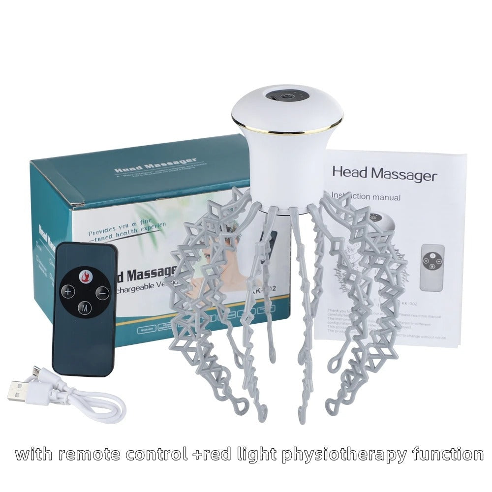 White wireless head massager with grey claw-like vibration arms, remote control, charging cable, manual, and retail box.