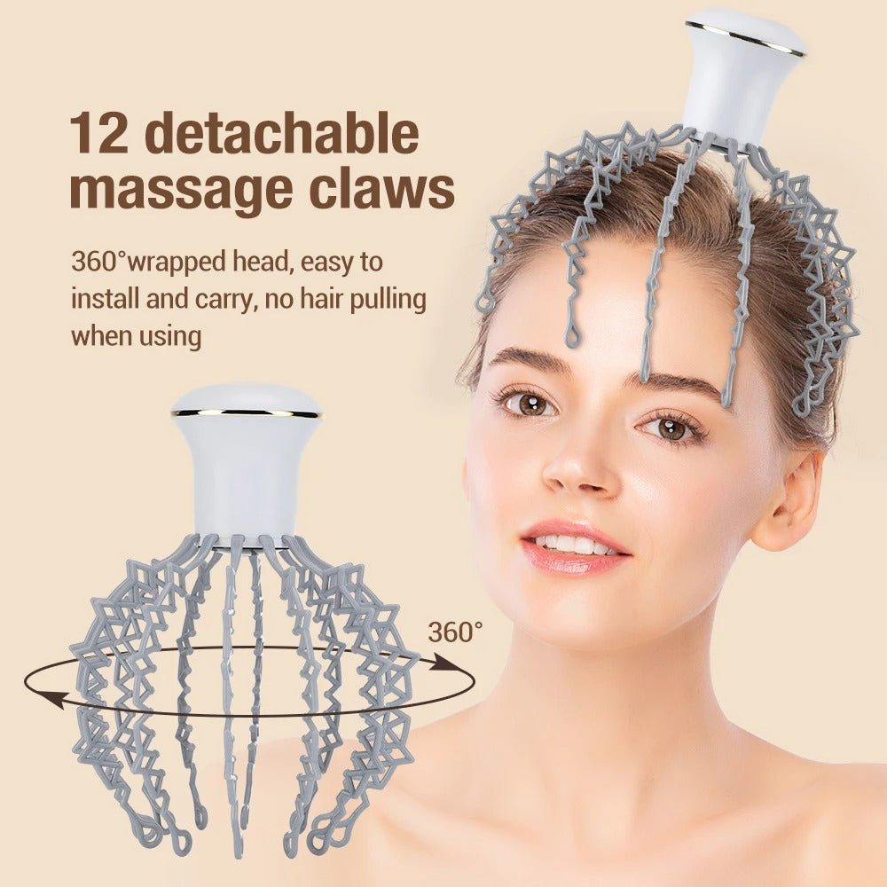 Fitlybuy white and grey wireless electric head massager with 12 detachable 360-degree massage claws on a woman's head.