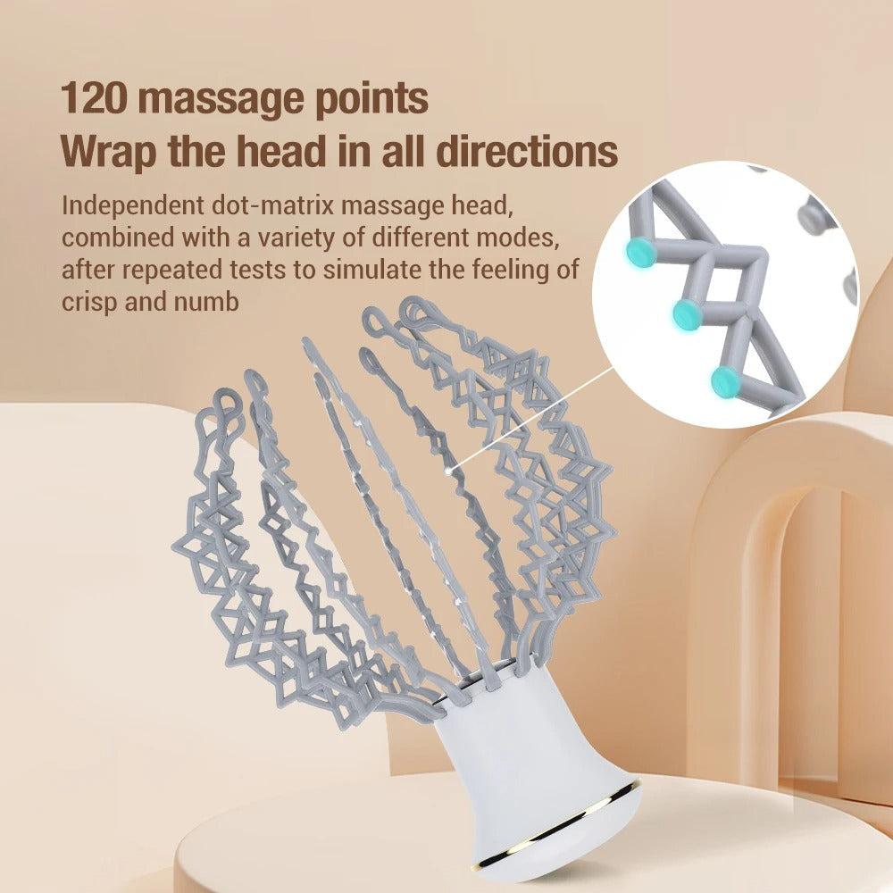 Fitlybuy electric head massager with gray, zig-zag lattice arms and a white base, featuring 120 massage points.
