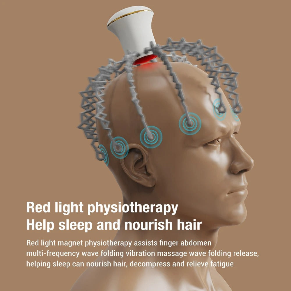 Fitlybuy white electric head massager with red light therapy and multi-arm vibration nodes on a mannequin head.