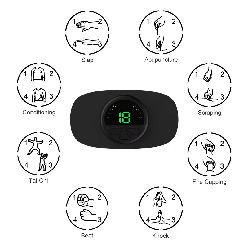 Black Fitlybuy TENS device with a digital display surrounded by 8 icons illustrating electrotherapy massage modes.