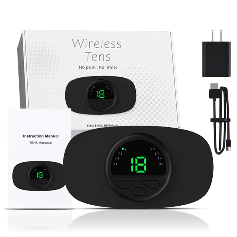 Fitlybuy wireless TENS device with black oval unit, digital green display, charging cable, adapter, and manual.