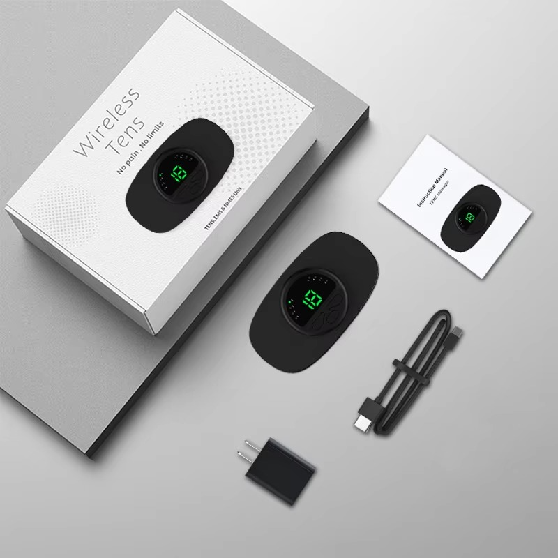 Fitlybuy wireless TENS device set with black unit, digital display, USB cable, wall charger, manual, and product box.