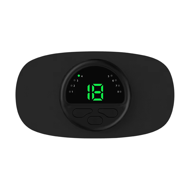 Black wireless Fitlybuy TENS device for period pain with a digital green display and control buttons.