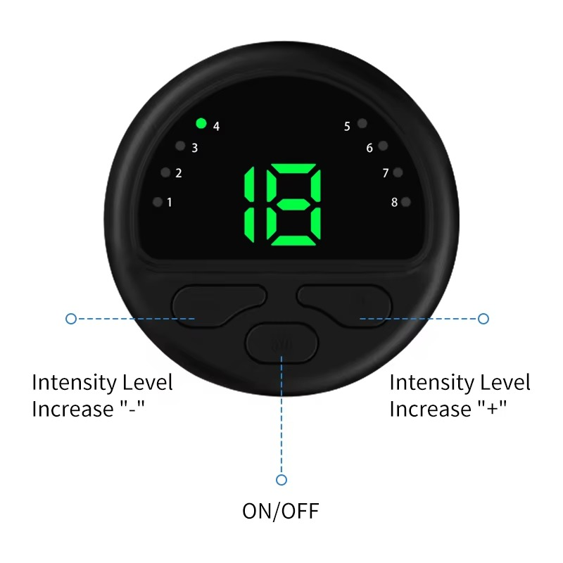 Round black Fitlybuy wireless TENS device for period pain with digital green display, intensity buttons, and power switch.