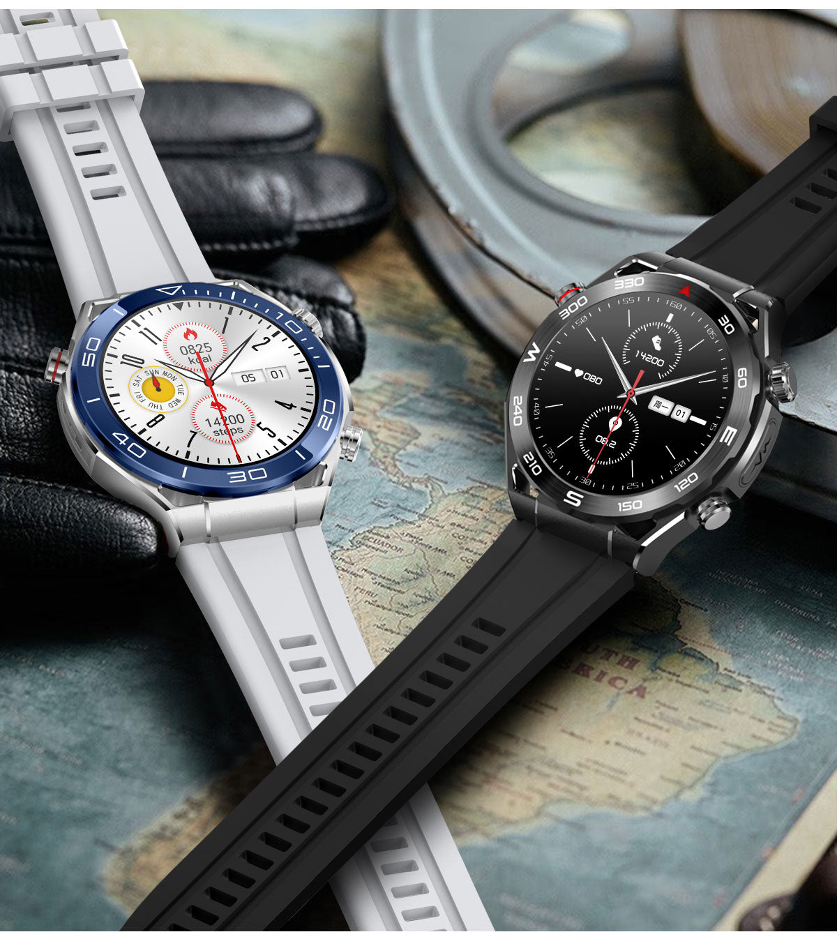 White and black Kexi-Life Max 1 health smartwatches with fitness tracking, ECG, and blood pressure monitoring on a map.