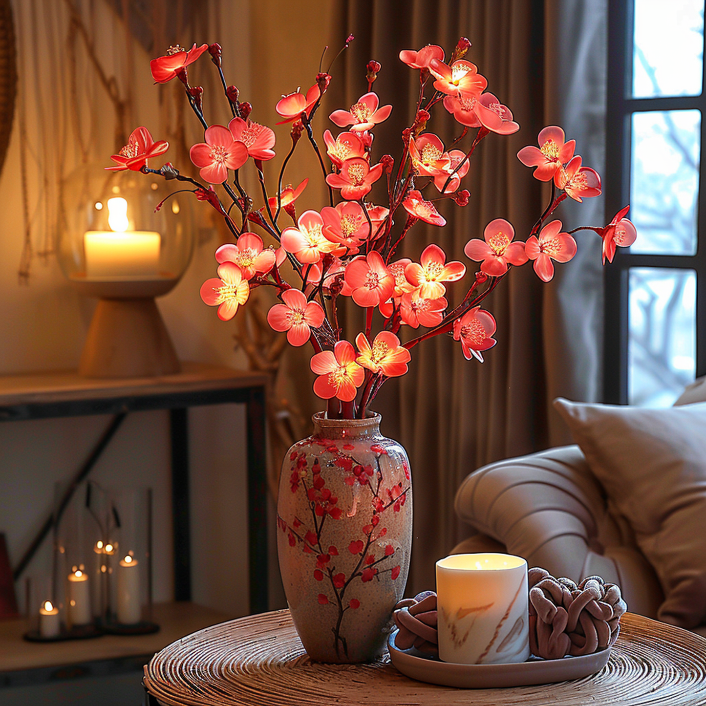 Fitlybuy LumiVista glowing red LED cherry blossom branch in a decorative vase on a wooden table in a cozy living room.