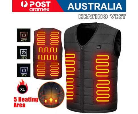 Black unisex USB-powered electric heated vest with five heating zones, temperature controls, and insulated design.