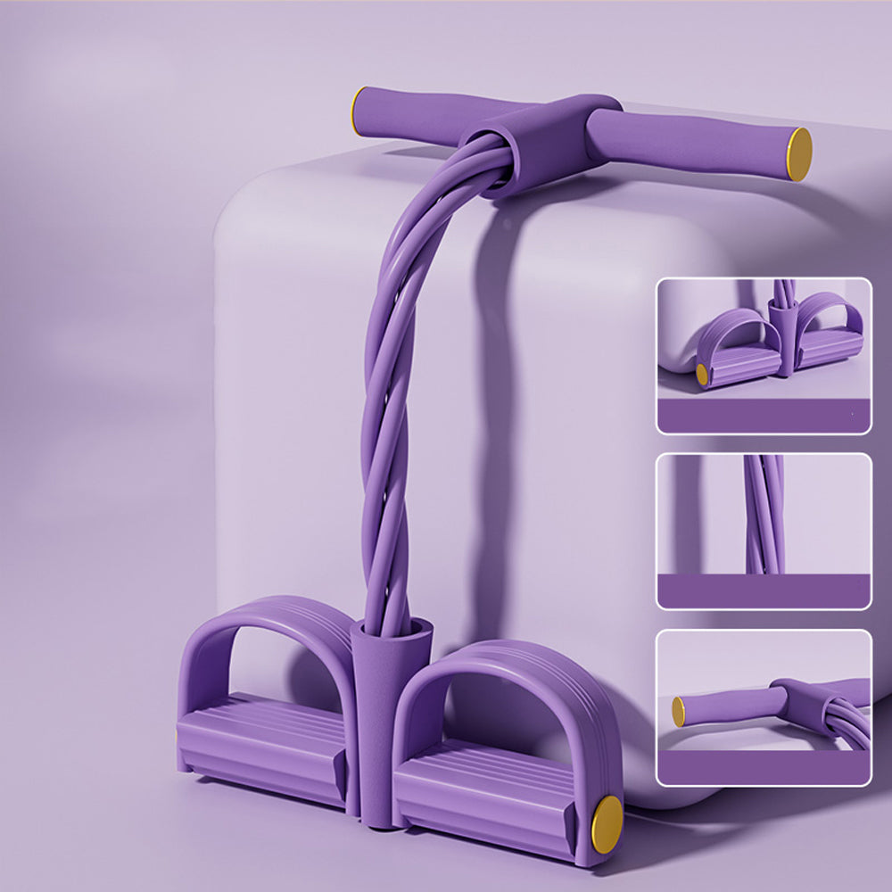 Fitlybuy purple yoga pedal puller resistance band with FlexiStrength tension system, featuring handles and foot pedals.
