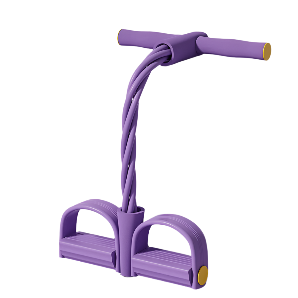 Purple Fitlybuy yoga pedal puller with resistance bands, horizontal handle, and non-slip foot pedals on white background.