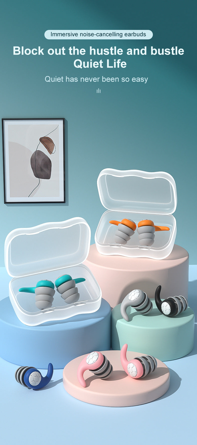 Fitlybuy SleepGuard foam earplugs in various colors with translucent cases on display pedestals.